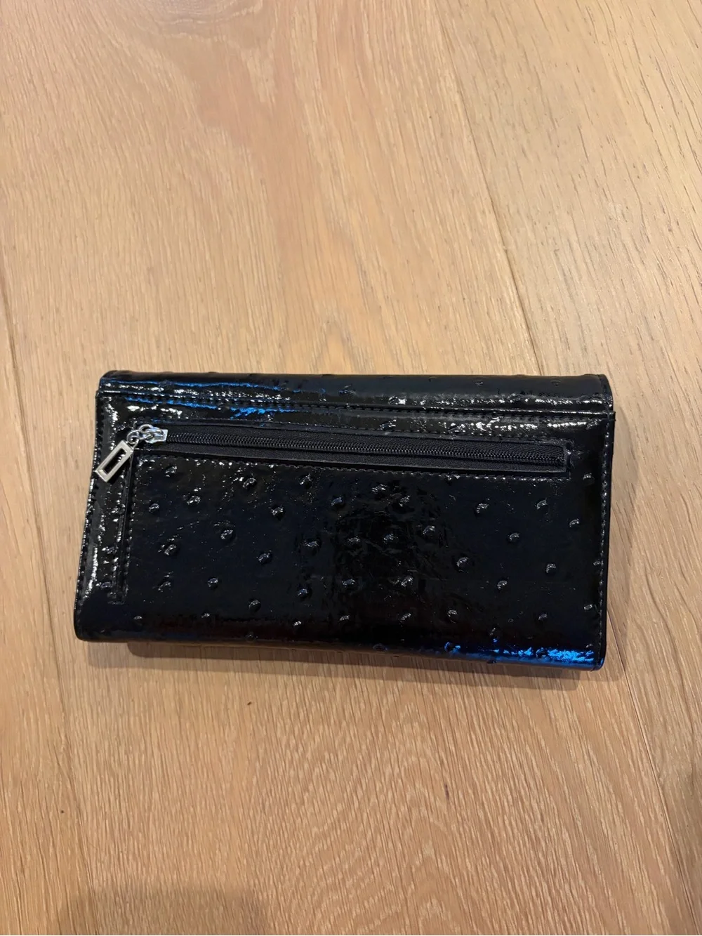 Guess Black Patent Trifold Clutch Wallet with Silver Crystal Logo